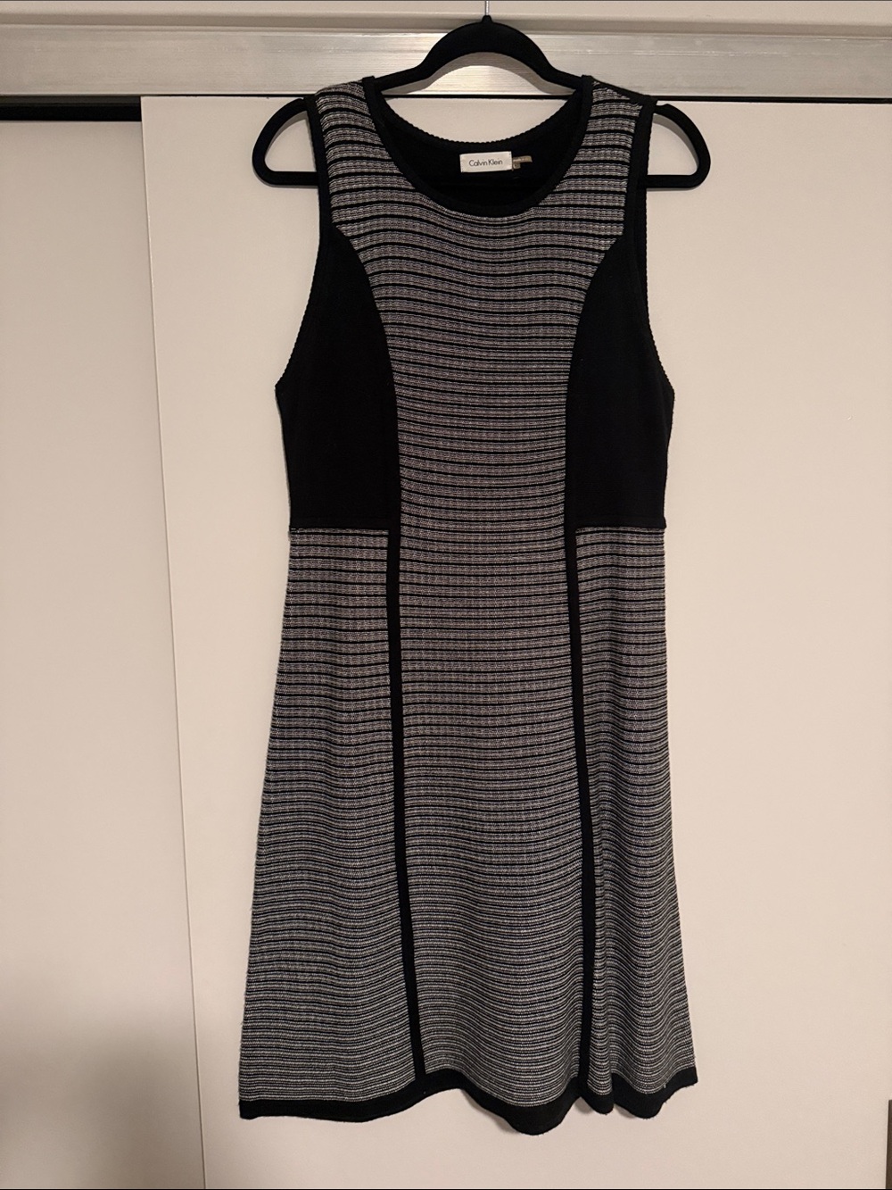Calvin Klein Black and Gray Sleeveless A-Line Knit Midi Dress